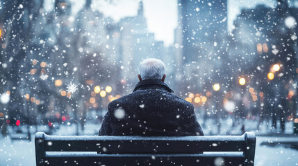 back view of lonely old man on a bench in the city winter park, Christmas Eve snowfall, New Year's background