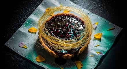 Indulge in a decadent berry tart with golden spun sugar and delicate floral accents, perfect for a high-end bakery or dessert advertisement
