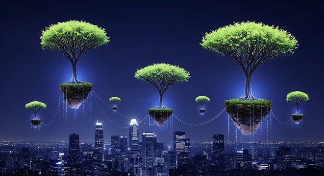 Surreal Floating Trees Above Cityscape at Night with Glowing Lights.