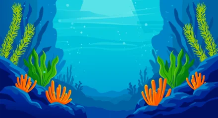 Selbstklebende Fototapeten Türkis Vibrant underwater cartoon world background with colorful corals and seaweed. Vector illustration of a deep sea landscape for a game or animation  © PDWN Creative
