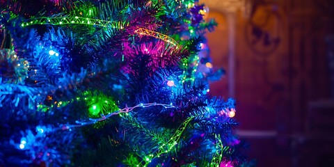 Close-Up of Christmas Tree with Vibrant Multicolored Lights