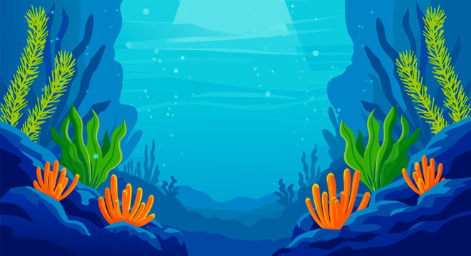 Vibrant underwater cartoon world background with colorful corals and seaweed. Vector illustration of a deep sea landscape for a game or animation