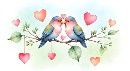 Lovebirds sitting on branch with hearts, watercolor clipart, spring theme, charming and heartfelt design