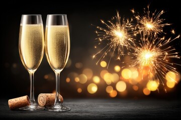 Elegant champagne flutes sparkling against a festive backdrop of fireworks and shimmering bokeh celebrating moments of joy and excitement in life events captured with clarity