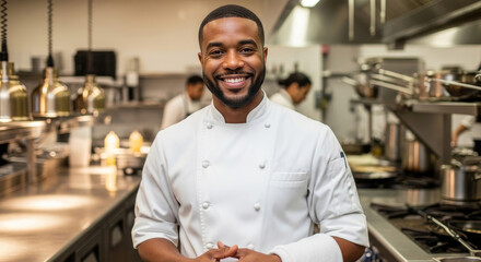 A professional chef in a white uniform and hat stands confidently in a modern restaurant kitchen with a confident smile.