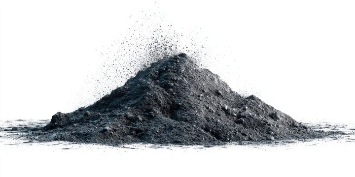 A High Resolution image of pile of dark ash exploding isolated on white background.