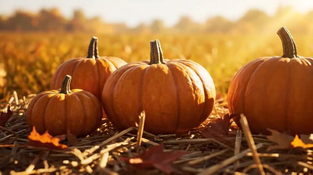 Autumnal Arrangement of Pumpkins on Hay Bales with Scattered Maple Leaves in a Sunlit Field Farm Setting in Warm Golden Hour Light Rural Harvest Festival Season Scene