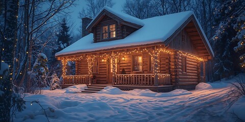 Festive Log Cabin Illuminated at Twilight in Winter