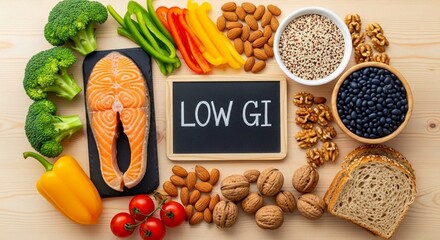 Overhead flat lay of low glycemic index foods with salmon, vegetables, nuts, beans, and grains surrounding a chalkboard sign