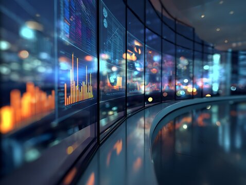 A view of curved glass panels displaying financial data and charts in a modern office setting - Powered by Adobe