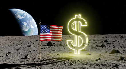 American Flag on the Moon with Dollar Sign and Earth in Backdrop