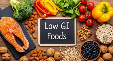 Overhead flat lay of low glycemic index foods with salmon, vegetables, nuts, beans, and grains surrounding a chalkboard sign