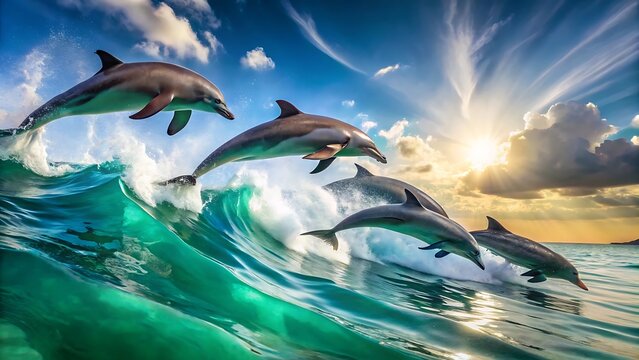 Pod of dolphins jumping out of the water at sunset in tropical ocean