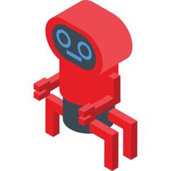 Isometric Red Robot with Blue Eyes and Dark Gray Torso Sitting with Four Legs on Transparent Background