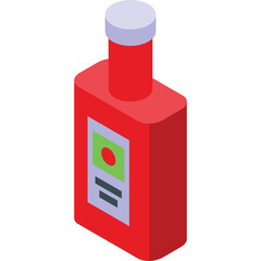 Isometric Red Sauce Bottle With Label Element Featuring Green Square Red Circle and Gray Lines On Transparent Background