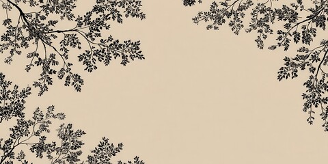 A High Resolution image of silhouette of tree branches with leaves against a beige background.