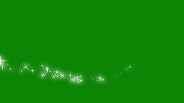 Magic sparkles glitter line stars, fairy dust wand glitter stars, trail transition, White glowing twinkling glitter flat vector doodle star, glowing light trails, on green screen background. 4k