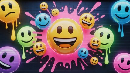 Colorful 3 D Emoticon Faces Dripping Paint on Brick Wall Background emoji happy