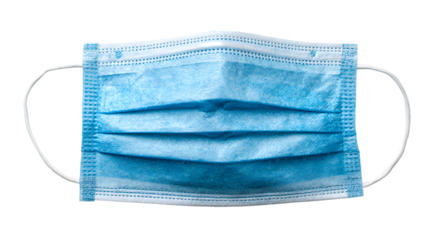 Blue disposable medical face mask isolated on transparent background