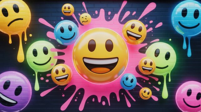 Colorful 3 D Emoticon Faces Dripping Paint on Brick Wall Background emoji happy