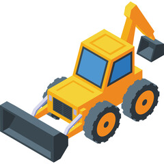 Yellow Backhoe Loader Construction Vehicle with Blue Windows and Gray Wheels Isometric Illustration on a Transparent Background