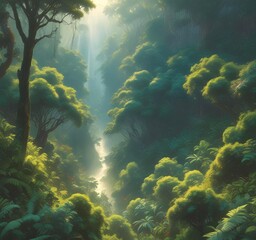 Obraz premium Ancient rainforest canopy seen from above, sunlight shafts piercing fog
