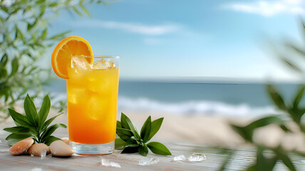 glass of orange juice on beach