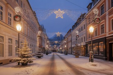 Enchanting snow-covered European street aglow with festive Christmas lights and twinkling stars, creating a magical winter wonderland scene perfect for holiday promotions.
