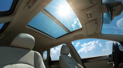 A High Resolution image of sun shines through the panoramic sunroof of a car.