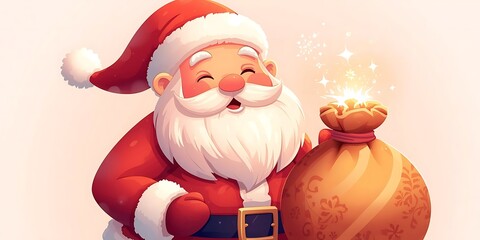 Jolly Santa Claus Holding a Glowing Sack of Gifts