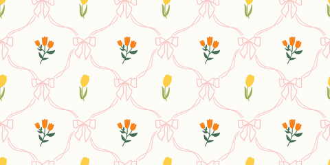 Coquette Floral trellis seamless pattern with bows and ribbons. Preppy spring summer hand drawn flowers. Botanical elegant trendy print. Vintage design for fabric, wallpaper, decor, background, paper