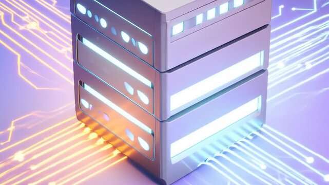 A futuristic, stylized rendering of a server tower, surrounded by data flow lines and glowing lights