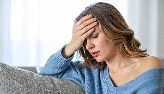 Stressed Caucasian female adult seated on a living room sofa covering her face with one hand due to overwhelming fatigue or distress.