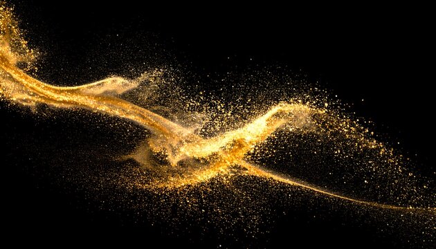 Shimmering gold particles streak across a black background, forming a dynamic, abstract shape