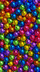 Vibrant multicolor metallic bells close-up. Shiny Christmas or festive background with round glossy shapes. 8K texture for design, print or backdrop use.