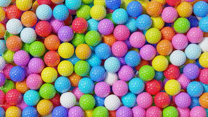 Vibrant multicolor golf balls close-up. Glossy spheres with dimples forming a bright abstract pattern. Perfect background for design or print.