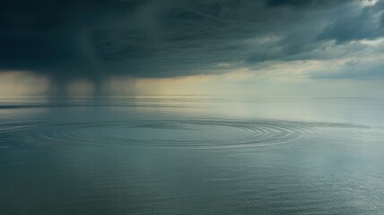 Fototapeta premium Dark storm clouds gather over a calm ocean with rain falling water