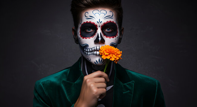 Man with skull face paint holding an orange flower