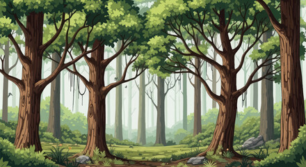 Obraz premium Enchanting forest scenery with lush green foliage and ethereal mist creating a serene and peaceful atmosphere perfect for fantasy or nature themes