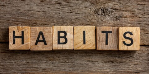Fototapeta premium A High Resolution image of word habits spelled out with wooden letter blocks on a wooden surface.