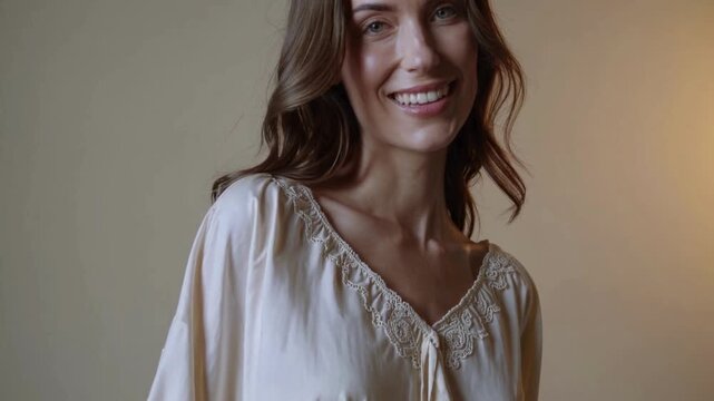 Woman wearing light blouse in minimal studio portrait