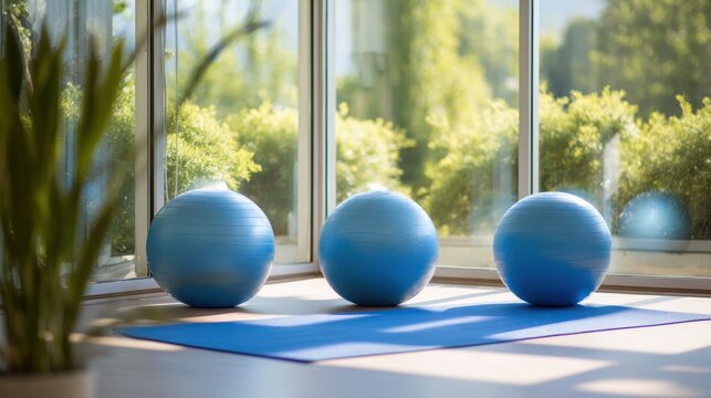 A High Resolution image of three blue exercise balls on a yoga mat in a bright room.