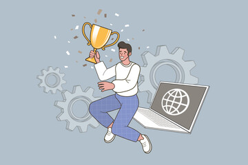 A happy man jumps with a trophy, celebrating global business success achieved online. His laptop shows a globe, gears represent the process, and confetti marks the victory.