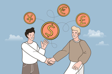 Two businessmen shake hands, sealing an international deal. Currency icons connect above them, symbolizing global finance, foreign exchange, money transfer, and a successful partnership.