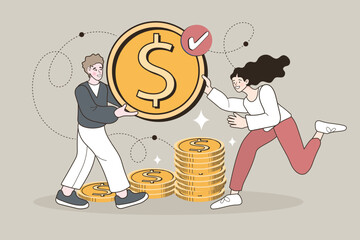 A man and woman work together moving a giant dollar coin with a checkmark. This symbolizes successful teamwork for achieving financial goals or securing funding approval.