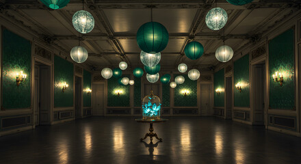 Elegant ballroom with green walls and chandeliers