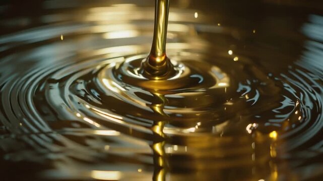 Golden Liquid Pouring and Creating Ripples in Close-Up Macro Shot