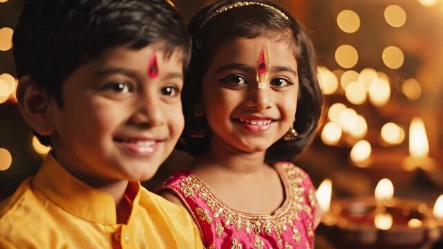 happy indian children celebrating traditional festival diwali lamps