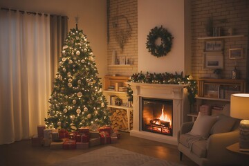Cozy Christmas evening with a beautifully decorated tree, warm fireplace, and presents, evoking festive holiday spirit and family togetherness.