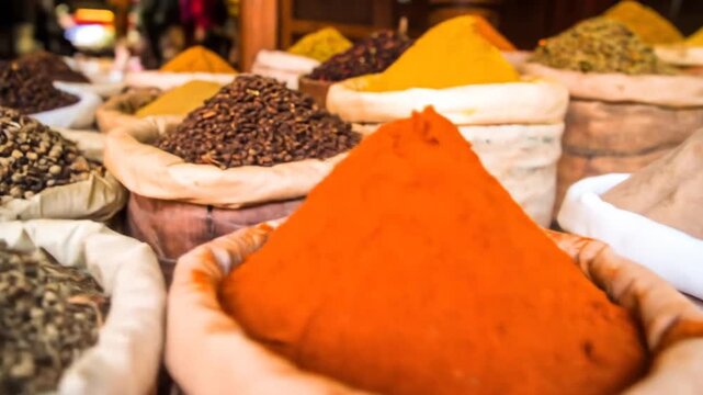 Close-up of various spices in open sacks, showcasing diverse colors and textures in a market setting